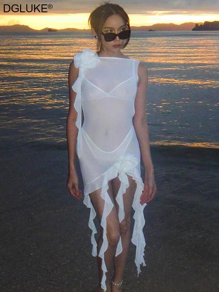 Minivestido Sexy de malla con espalda descubierta para mujer, vestido asimétrico transparente con volantes para playa, vestido ceñido para fiesta de cumpleaños