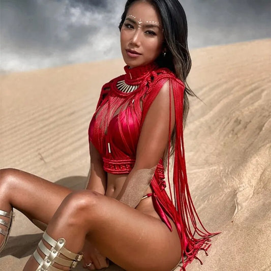 Diseño Sexy trajes con borlas hecho a mano diosa griega vestido de señora romana Bohemia vocación fiesta en la playa mujeres conjunto de dos piezas