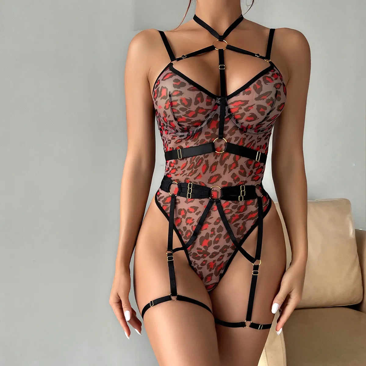 Body Sensual Con Halter Cuerpo De Encaje Transparente Desnudo Sin Censura Entrepierna Abierta Traje Sexy Medias De Liga