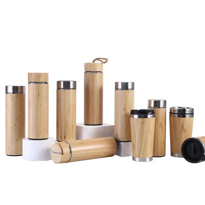 Eco-friendly Thermos Water Bottles, Stainless Steel Coffee Thermal Mugs, Creative Natural Bamboo