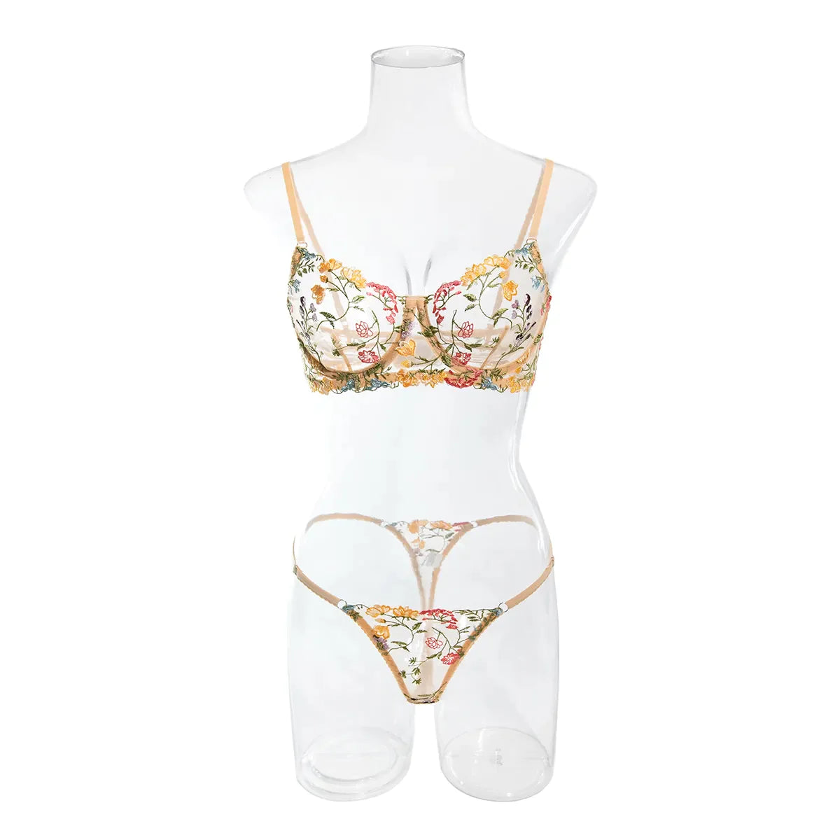 Yimunancy 2-Piece Lace Bra Set Women Floral Embroidery Underwear Set Transparent Khaki Panty Set