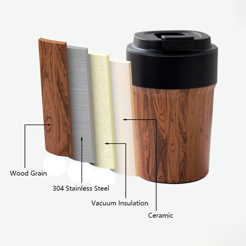 Tasse à café Portable en Grain de bois avec couvercles, gobelet isolé sous vide, tasse Thermos pour garder le café, le thé, chaud et froid, revêtement intérieur en céramique