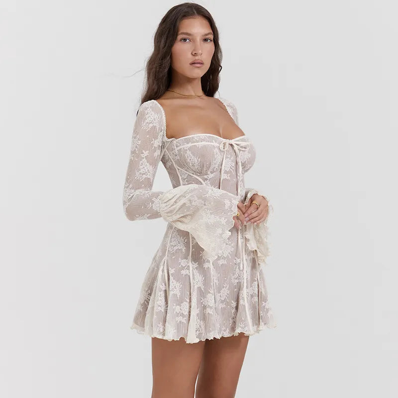 Mini robe Vintage en dentelle, manches longues, ajustée et évasée, robe de fête d'anniversaire pour femmes, élégante, automne hiver, dos nu, ligne a, robes courtes