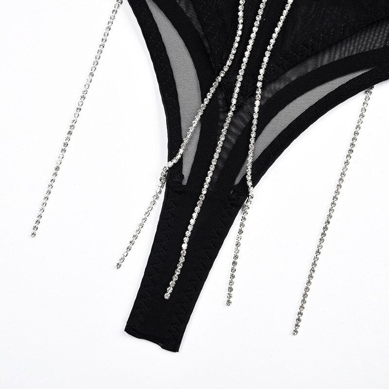 Lencería con diamantes de imitación y cintura para mujer, ropa interior Sensual de encaje transparente con borlas brillantes, íntima Sexy sin censura