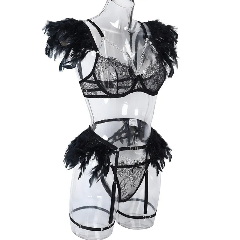 Transparent Women's Underwear Luxury Feather Decoration Metal Chain Lingerie Thong Suit Sexy Punk  Apparel