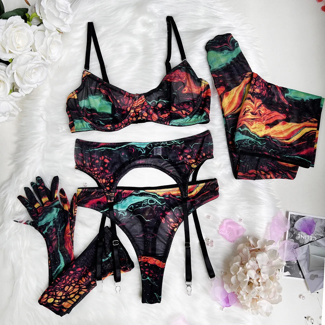 Tie Dye Lingerie With Stocking Gloves Sexy Fancy Underwear 5-Piece Uncensored Intimate See Through Mesh Sensual Outfit