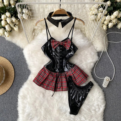 Strap PU Leather Sexy Dress Preppy Style Lace Up Backless Sensual Night Dress Plaid Cosplay   Mini Dress Wanita