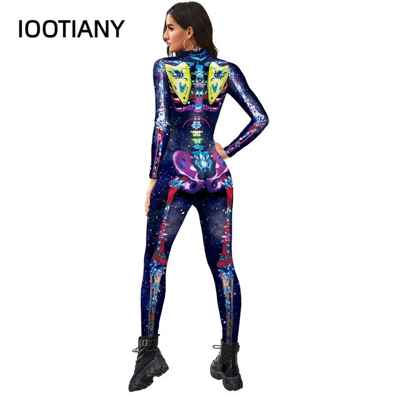 IOOTIANY 7 Colors 3D Skull Skeleton Printed Bodysuit Halloween Costume For Women Outfit Fancy Dress Clothing Adult Suit S-XL