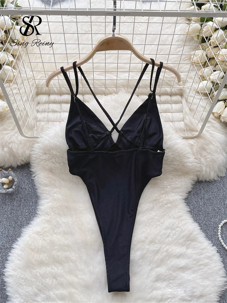 2023 Sexy Sheer Bodysuits Women Strap Cross backless  Swimsuits Fashion Mesh Patchwork Slim  Playsuits Wanita