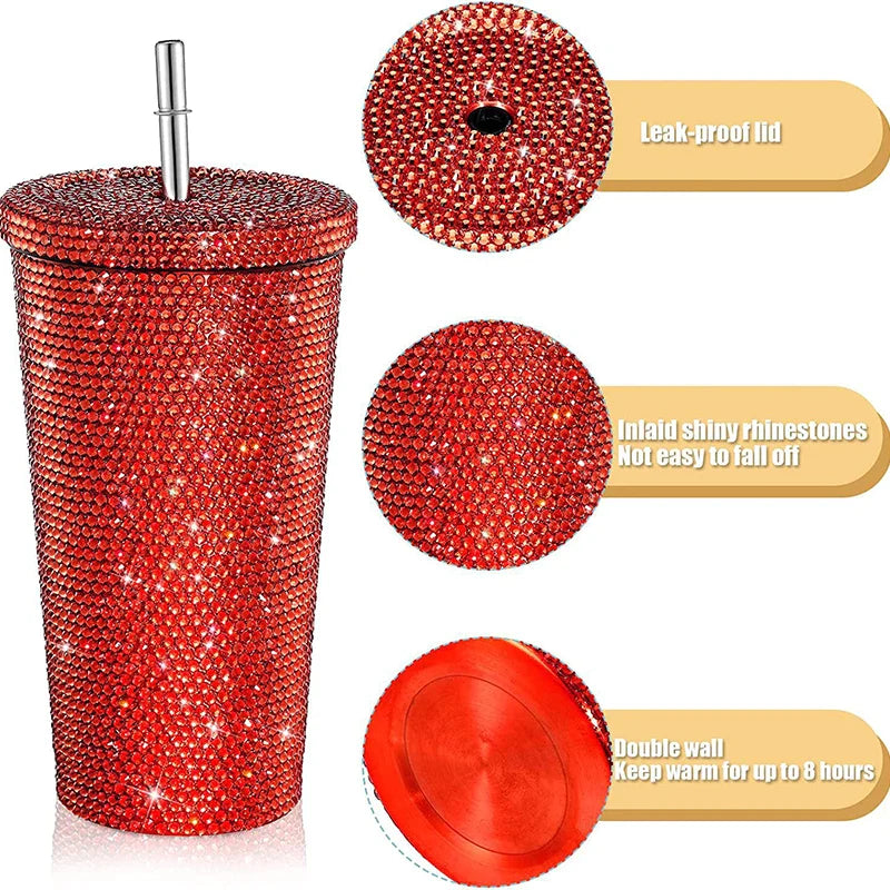 Botellas termo de diamante de 500ml, taza con pajita con tapa, termo de doble capa de acero inoxidable con diamantes de imitación, taza con purpurina, botella de agua