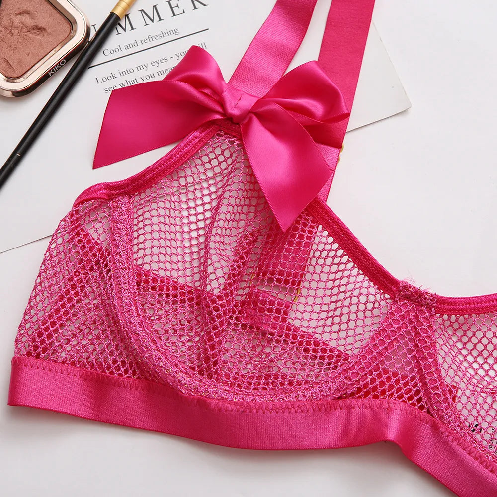 Lingerie Sexy néon avec chaussettes, sous-vêtements transparents en dentelle avec nœud papillon, maille transparente, ensembles transparents, 5 pièces