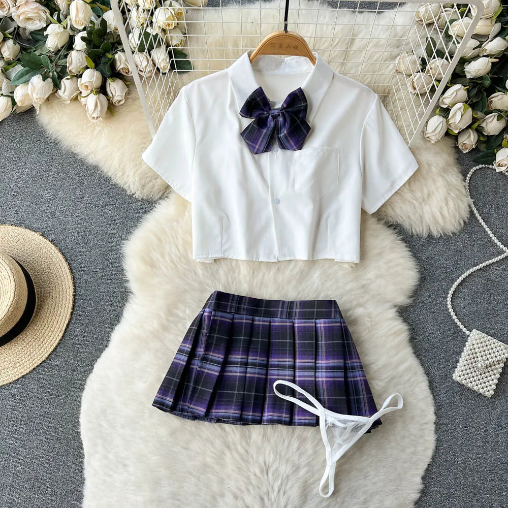 Traje de Cosplay para mujer, Camisa corta con cuello de solapa, minifalda a cuadros y tangas, ropa de dormir Sexy de estilo preppy 2023 Wanita