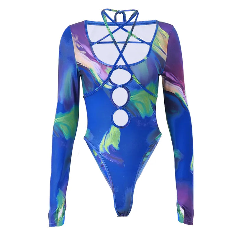 Xeemilo Aesthetic Tie-dye Hollowed Bodysuit Sexy Deep V-neck  Bodycon Bodice 2023 Autumn Party Club Long Sleeve Bodysuits