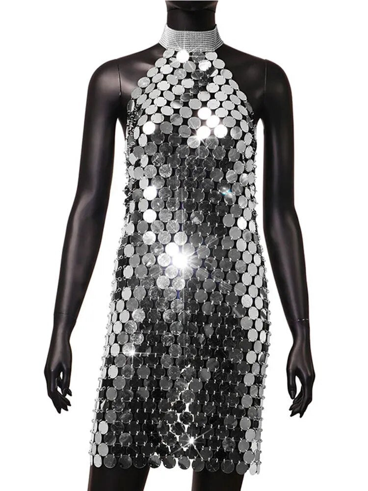 Vestidos sexis con espalda descubierta y lentejuelas brillantes para mujer, minivestido transparente con lentejuelas de plástico y2k, sin mangas, con diamantes de imitación y cuello redondo, 2023