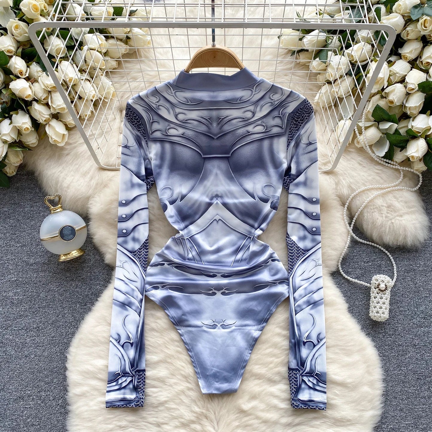 Wanita Fashion Outwear Sexy Bodysuits Women Stand Collar Long Sleeves Slim Y2K Top Sheath Open Crotch o Print Playsuits