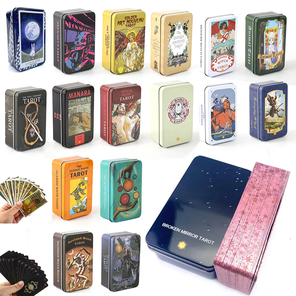 Tarot de 24 estilos en caja de lata con borde dorado para principiantes, cartas de juego de adivinación, oráculo, 78 cartas, regalos exquisitos para amigos