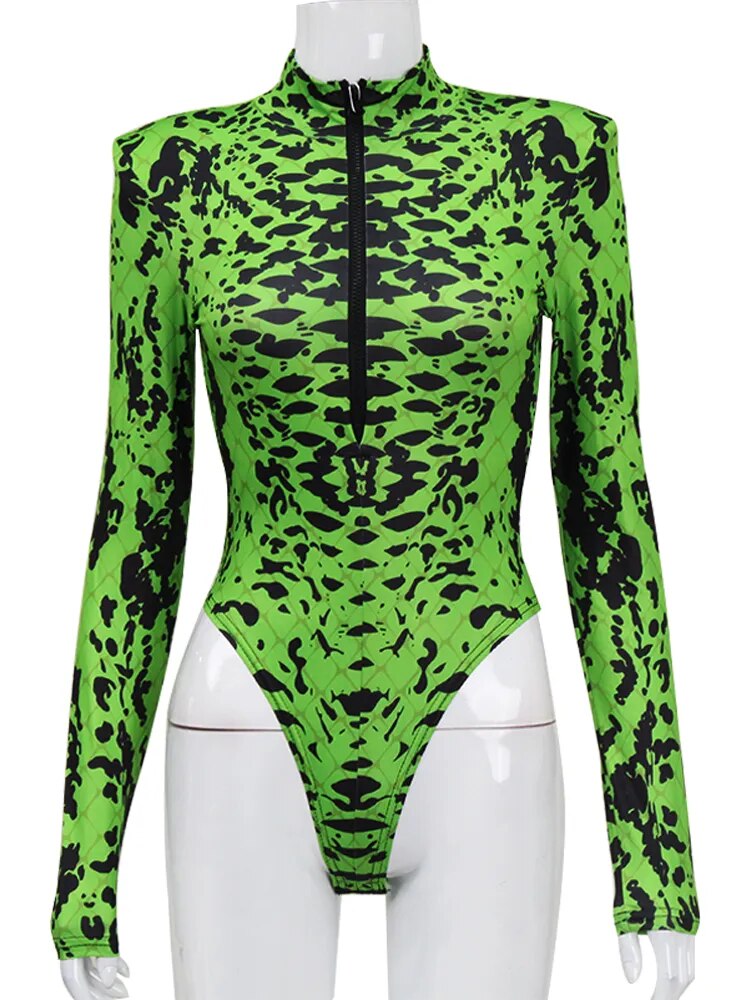 CNYISHE Neon Green Snack Printed Y2K Sexy Woman Bodysuits Fashion Long Sleeve Zipper Rompers Slim Sheath Skinny Female Tees Top