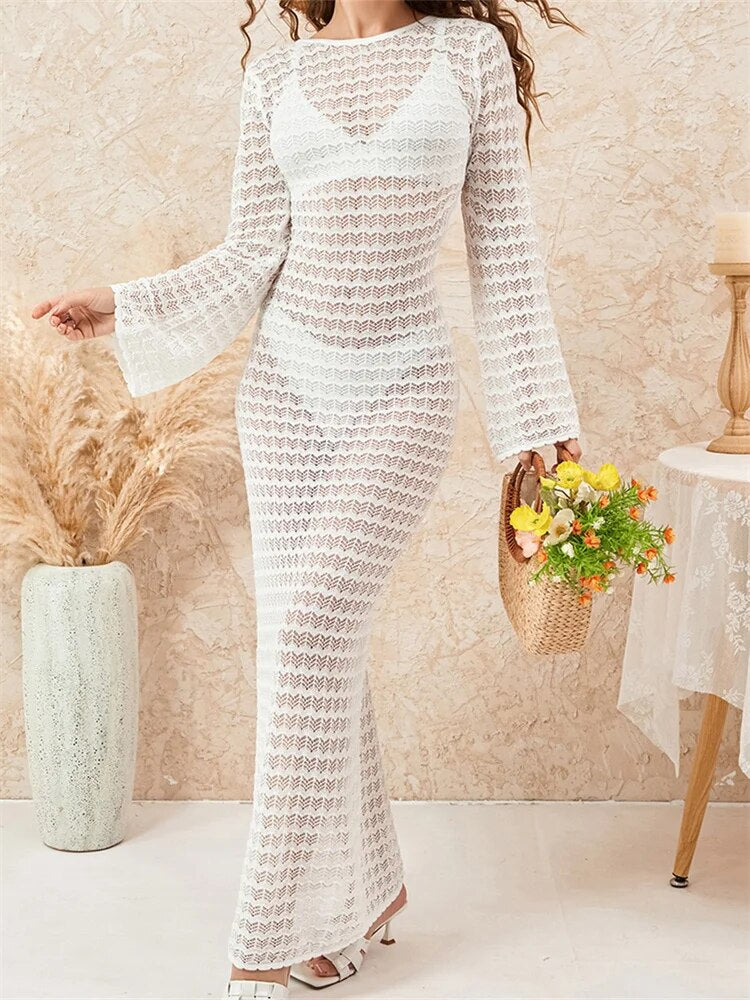 CHRONSTYLE – robe longue tricotée au Crochet pour femmes, manches longues, col rond, dos nu, couleur unie, ajourée, tenue de plage