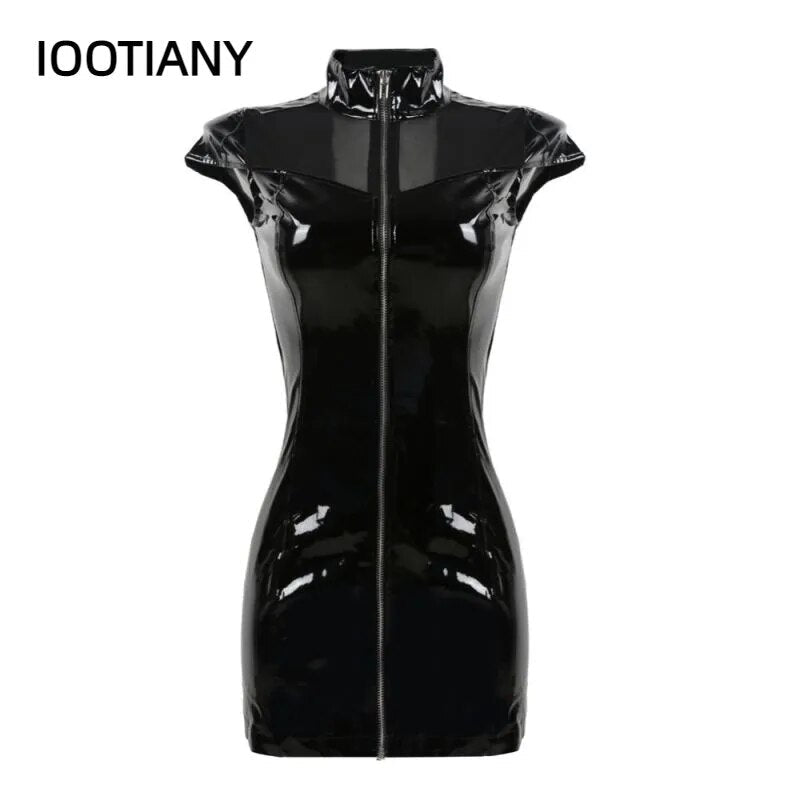 Mini Vestido gótico de cuello alto sin mangas para mujer, minivestido negro de PVC de talla grande de piel sintética con cremallera, aspecto húmedo, Vestido de noche para discoteca