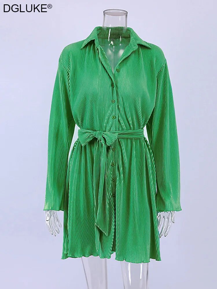 Robe chemise verte à manches longues, imprimé Floral, plissée, décontractée, Mini, Sexy, robes de plage, de fête, automne et hiver