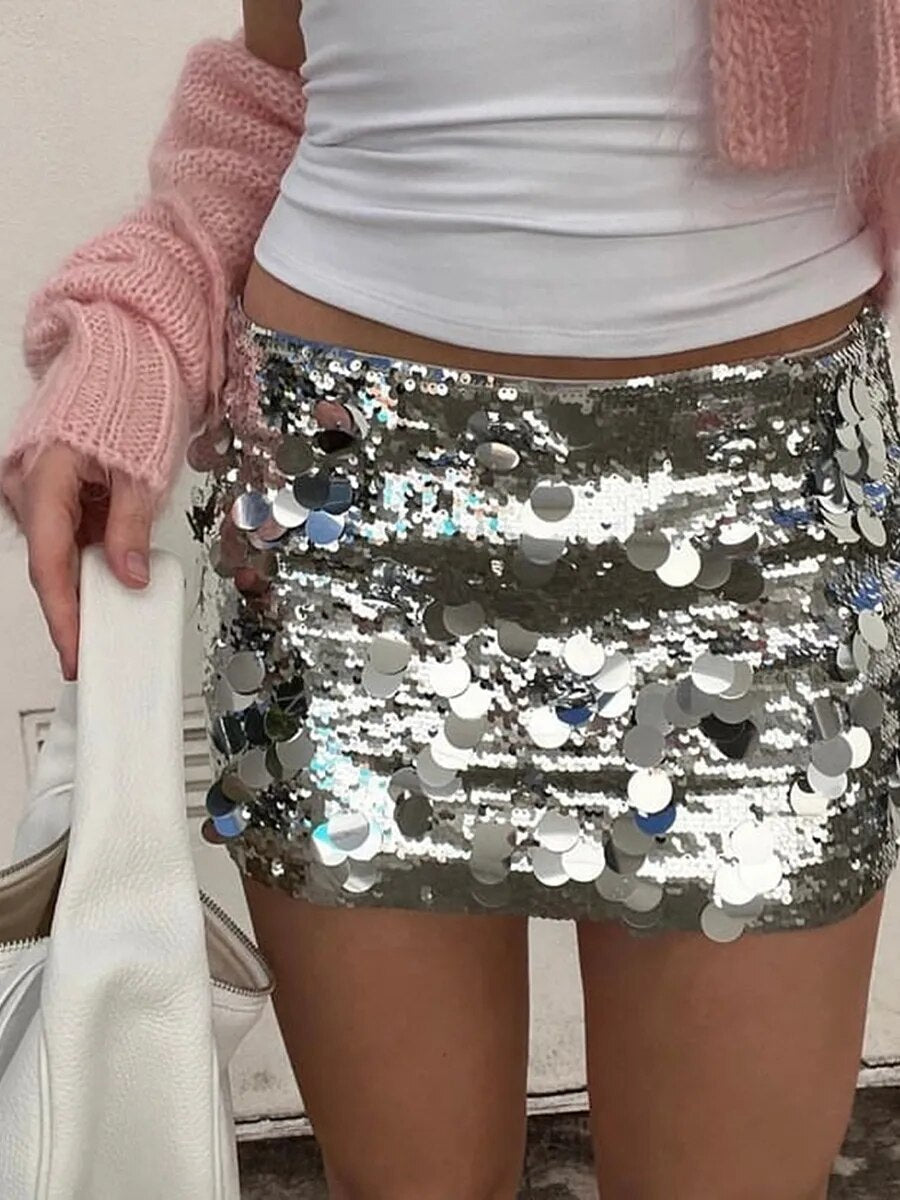 Women Shiny Sequins Mini Skirt Summer Sexy Low Waist Elastic Bodycon Skirt for Beaches Club Streetwear Glitters Short Skirt