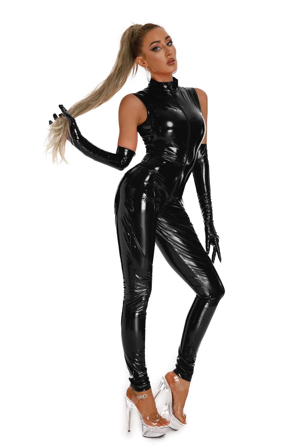 Monos sexys de piel sintética para mujer, traje elástico de látex de PVC con cremallera frontal, Catsuit con entrepierna abierta, disfraces de media