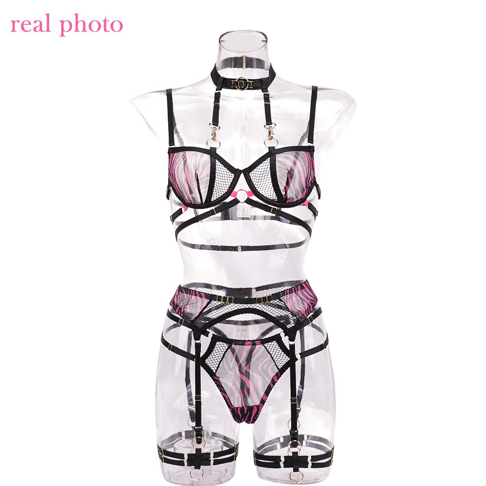 Lencería de cebra, ropa interior de encaje elegante, sujetador transparente con cuello Halter, trajes sexys íntimos delicados de lujo, ligas, conjuntos breves