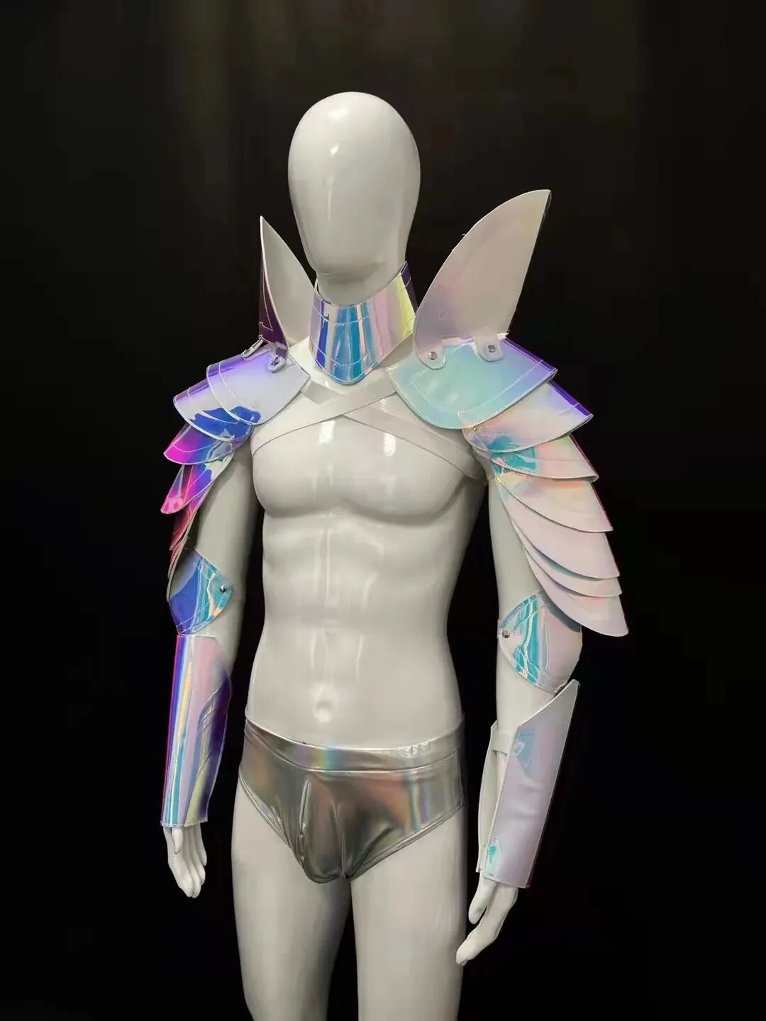 Dance Costume Men Nightclub Gogo Sexy Silver Costume Stage Wear Cuff Outfit Muscle Men's Space Mirror Armor