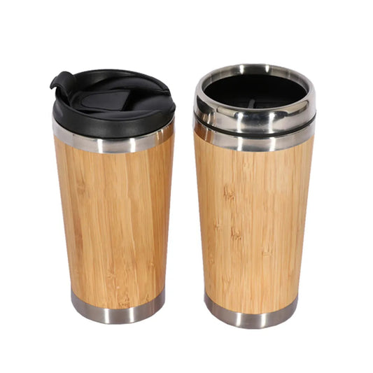 Taza de café de bambú de 450ml, termo de acero inoxidable, botella de agua con tapa abatible, taza de viaje ecológica, portátil para regalo de jubilación