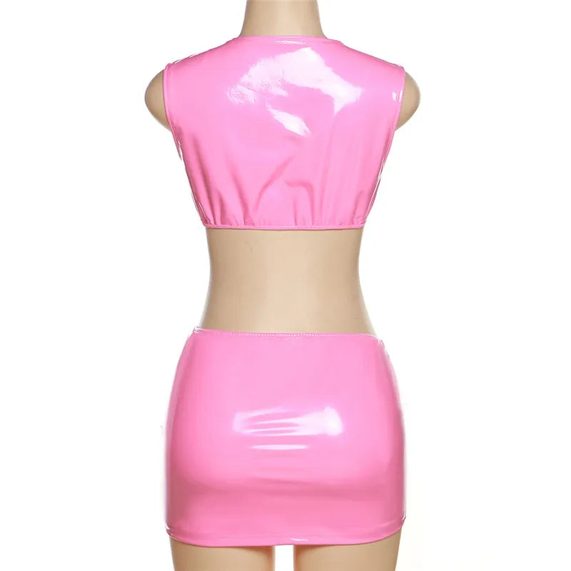 Ensemble 2 pièces en PU pour femmes, Sexy, élégant, col en v, débardeur, Mini jupes assorties, Streetwear, slim, costumes de fête, tenues de Club, été, 2023