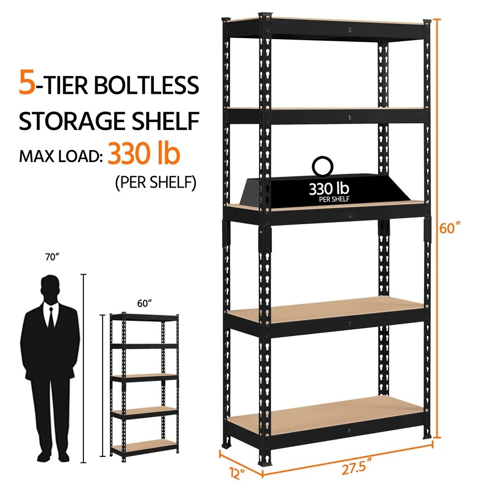 SmileMart Estante de almacenamiento de acero ajustable y sin tornillos de 5 estantes, negro, soporta hasta 330 lb por estante