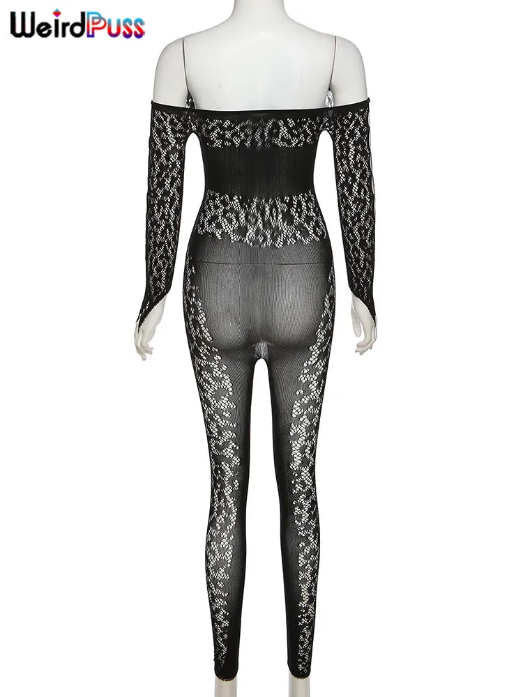 Bizarre Puss – combinaison transparente, Sexy, ajourée, fine, manches longues, mode Chic, strass, élastique, slim, entraînement, Clubwear de minuit