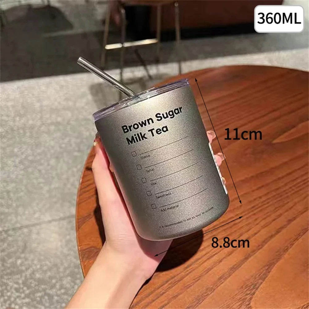 Coffee Cup Thermos 304 Stainless Steel Double -layer Cooler Straw Cup Portable Reusable Ins Ice American Coffee Mug Water Bottle