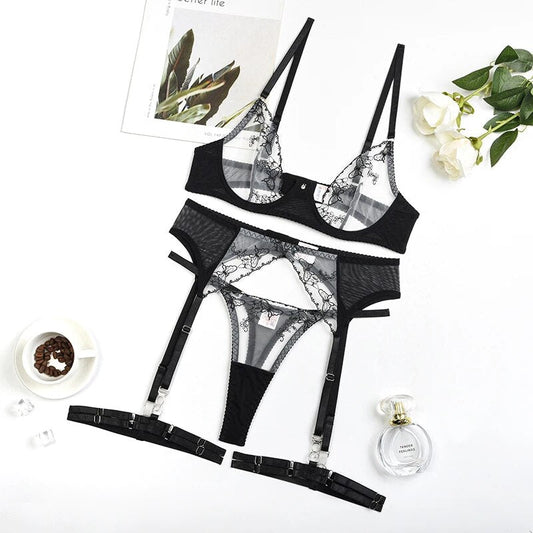 Sensual Lingerie Floral Transparent Bra Kit Push Up  Garter Belt Set Seamless Sheer Lace Underwear Uncensored