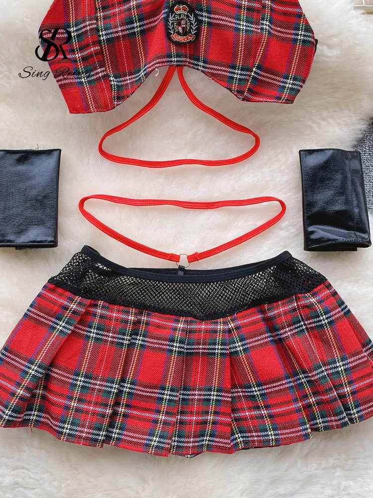 Conjunto de dos piezas de ropa de dormir a cuadros para mujer, Mini camisola con espalda descubierta + Falda corta, ropa interior Sexy de Cosplay Preppy, trajes Wanita