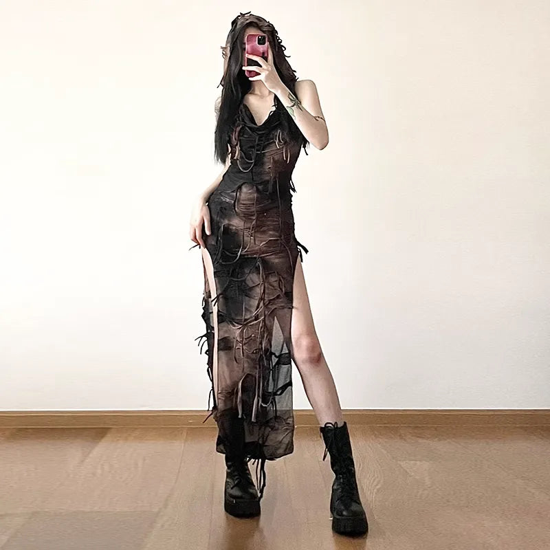 Wasteland estilo Irregular hecho viejo Vintage Tie Dyed vestido con capucha mujeres verano sin mangas Slim Fit borla Split vestido largo tendencia