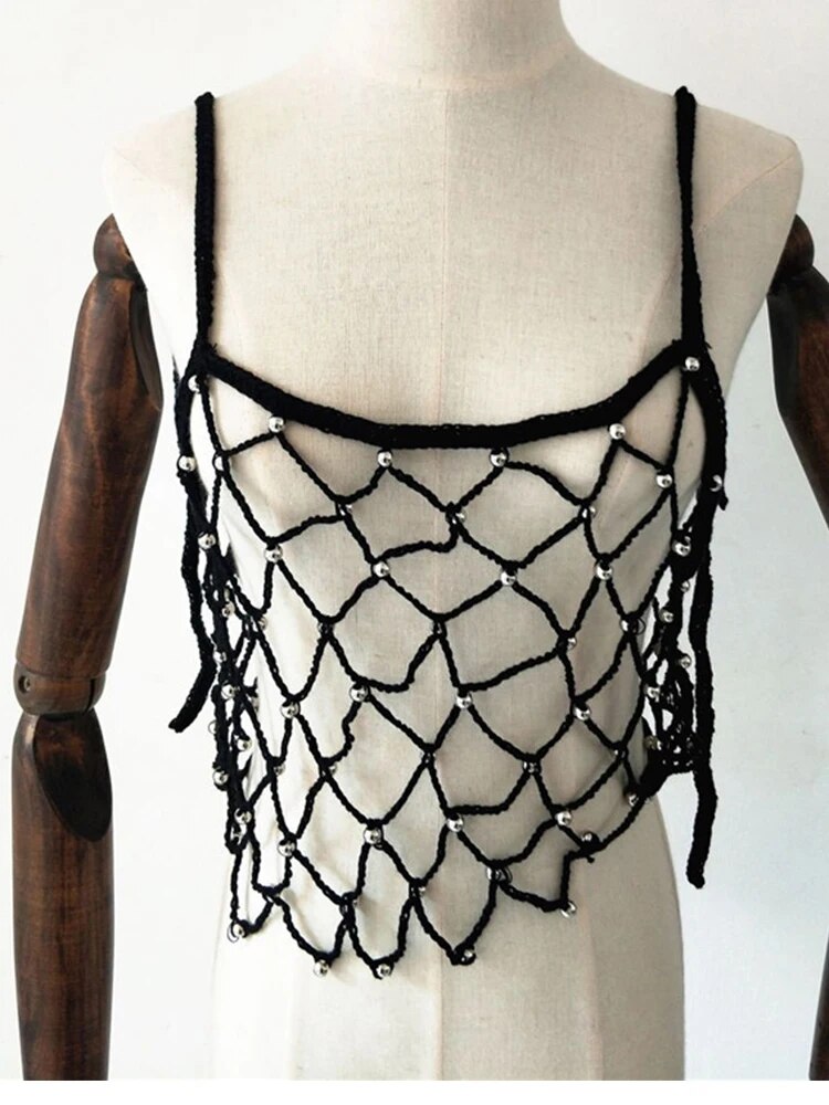 2023 Women Beach Bikini Cover Up Sexy Strap Beading Knitting Swimsuit Cover-up Camis Crop Tops Women Summer Swimwear Beach Wear