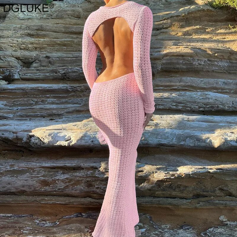 Sexy Backless Knitted Maxi Dress Long Sleeve Hollow Out Crochet Beach Dress See Through Long Bodycon Dress Pink