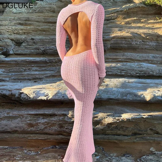 Robe Maxi tricotée, dos nu, Sexy, manches longues, ajourée, Crochet, robe de plage transparente, longue, moulante, rose