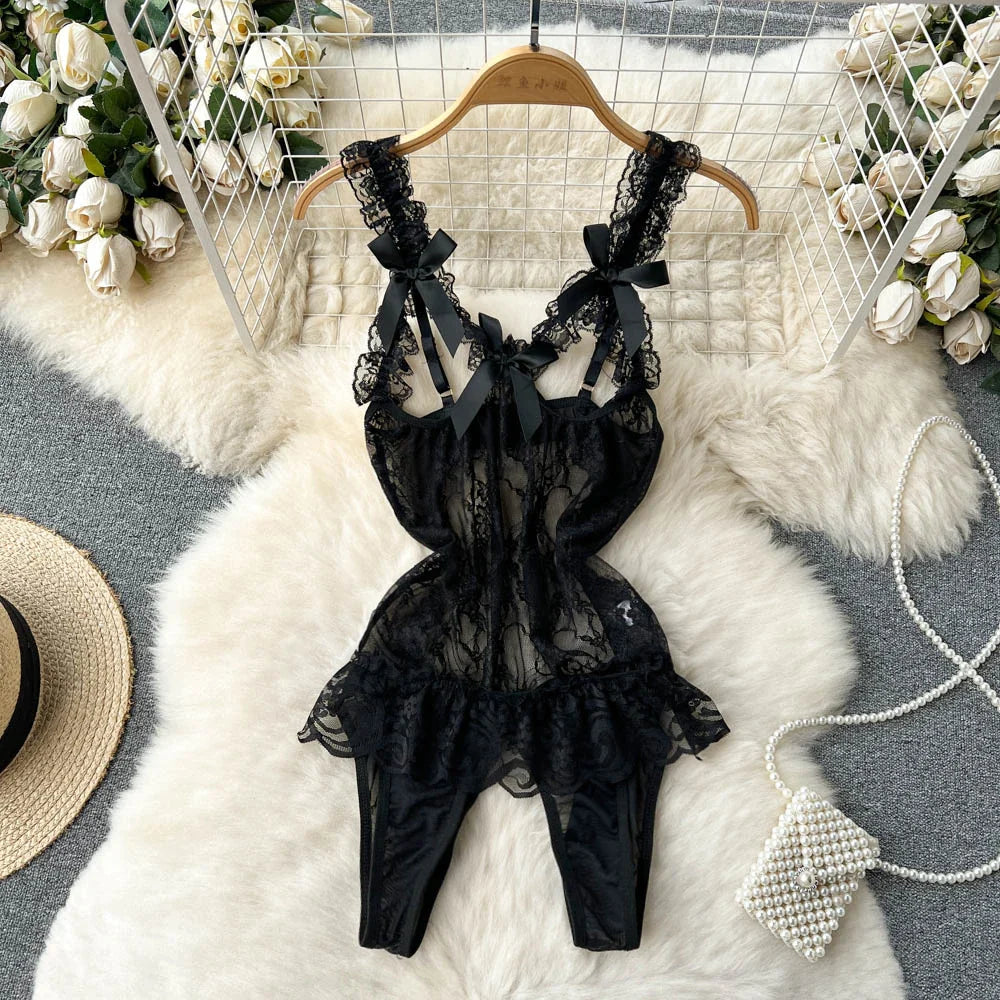 2023 Mesh Sheer  Bodysuits Women Ruffles Hotsweet Hollow Out  Nightwear Backless Slim Floral Lace Playsuits Wanita