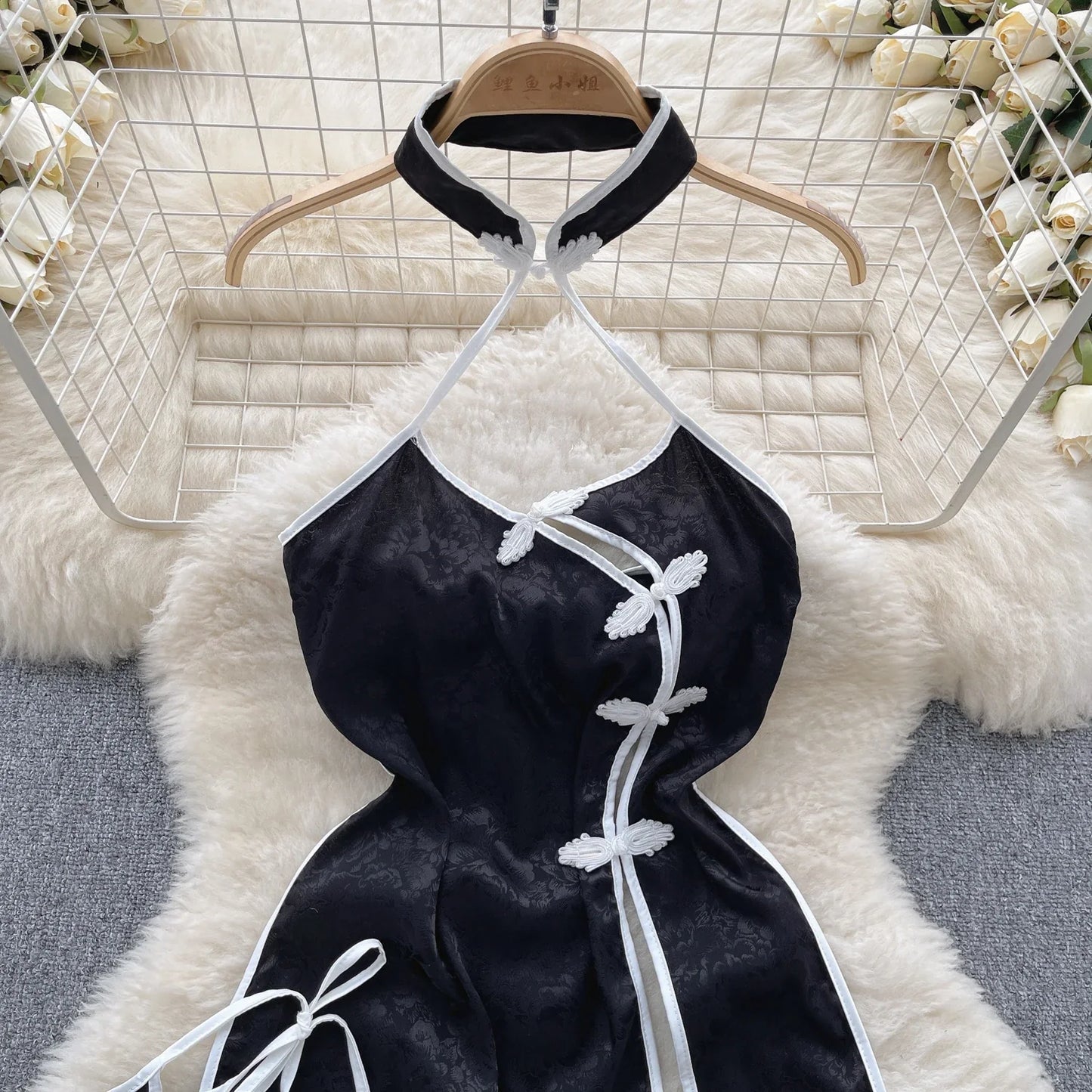 Chinese Style Vintage Split Nightdress Women Halter Sleeveless Backless Sensual Nightwear Lace Up Cosplay Sexy Dress Wanita