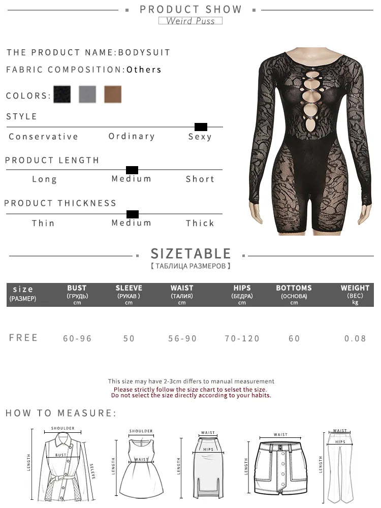 Weird Puss Sexy Playsuit Women See Through Hollow Diamond Summer Thin Long Sleeve Romper Stretch Midnight Party Clubwear Workout