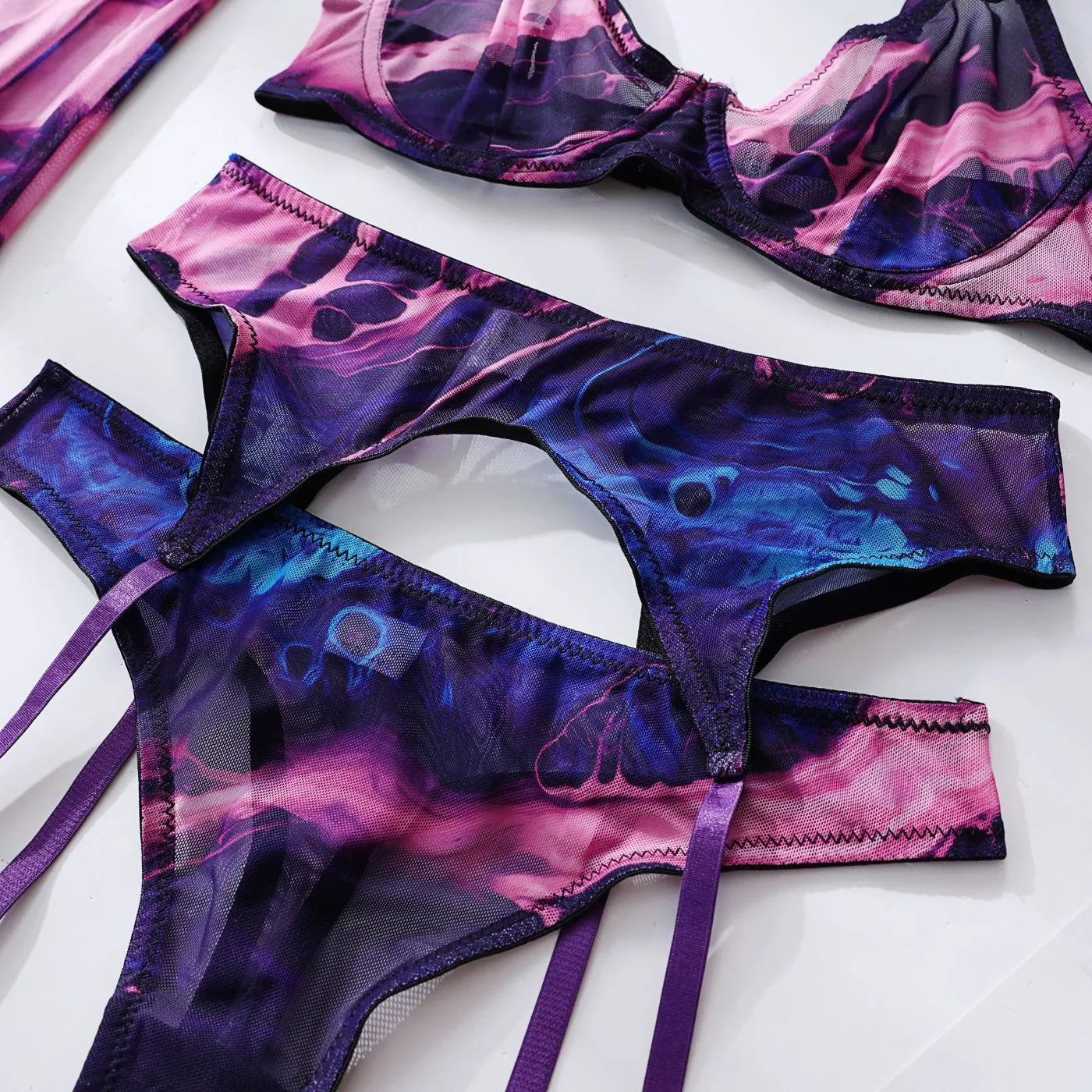 Tie Dye Lingerie With Stocking Gloves Sleeve Sexy Underwear 5-Piece Intimate See Through Mesh Sensual Outfit