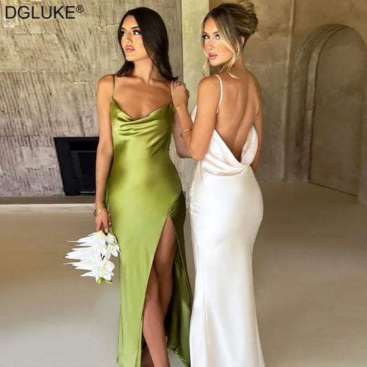 Robe longue en Satin blanc à bretelles Spaghetti, tenue de soirée élégante pour femmes, fente haute, dos nu, robes d'occasion formelles, Maxi, été, 2023