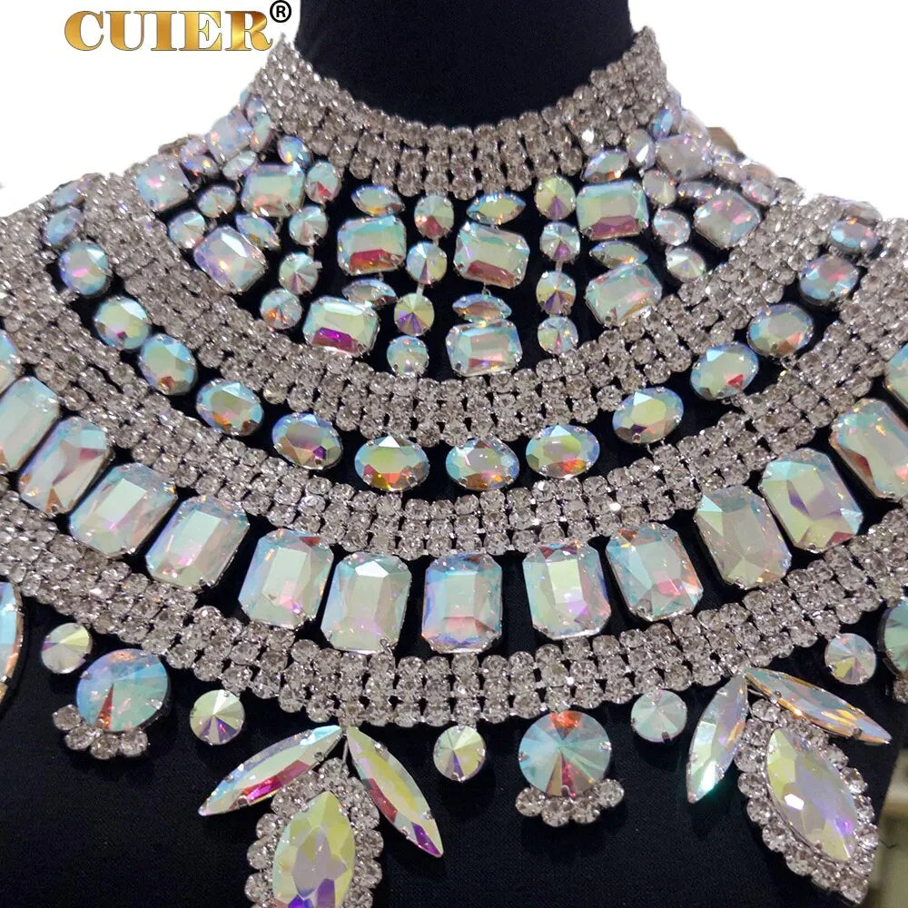 CUIER Super Gorgeous Glass Strass Necklace Crystal SS28 Drag Queen Huge Jewelry for Men Women Tassel Pendant Body Chain Tops