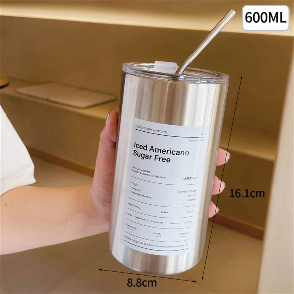 Coffee Cup Thermos 304 Stainless Steel Double -layer Cooler Straw Cup Portable Reusable Ins Ice American Coffee Mug Water Bottle