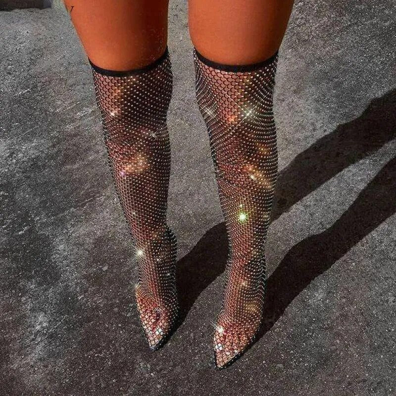 Bottes d'été en maille strass pour femmes, cuissardes hautes au dessus du genou, sandales Ytmtloy Zapatos transparentes De Mujer, 2023