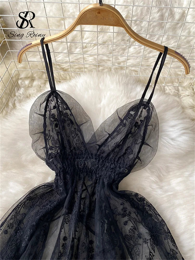 Women Strap Mesh Sensual Night dress Sleeveless Floral Embroidery Sheer  Dress+Thongs 2023 Hotsweet Lace Nightwear Wanita