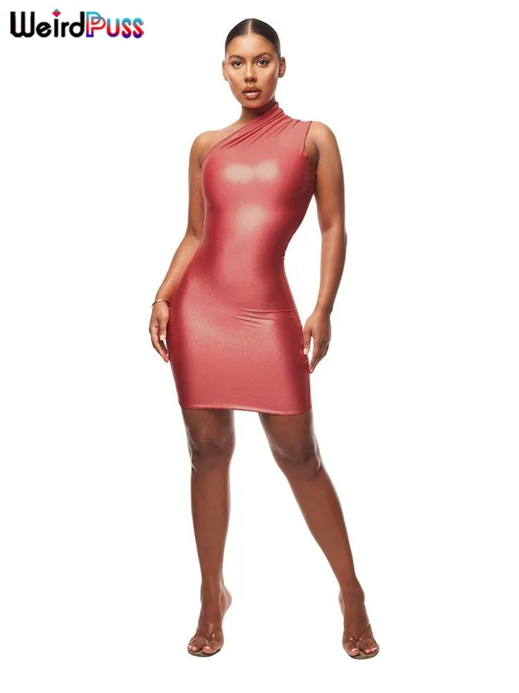 Weird Puss – robe de luxe Sexy pour femmes, élastique, sans manches, épaules inclinées, tendance, couleur unie, pêche, hanche, moulante, vacances, anniversaire, Clubwear