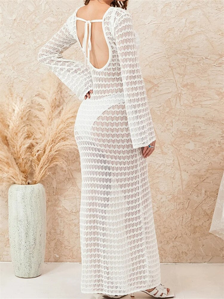 CHRONSTYLE – robe longue tricotée au Crochet pour femmes, manches longues, col rond, dos nu, couleur unie, ajourée, tenue de plage